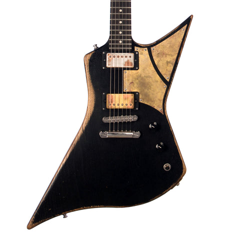 Paoletti Guitars Hot Machine - Distressed Black Explorer with 2 x Humbuckers and Ancient Reclaimed Chestnut Body