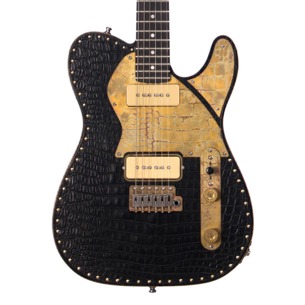Paoletti Guitars Leather Series Nancy 2P90 - Black Crocodile Leather Tele with 2 x P-90s and Ancient Reclaimed Chestnut Body